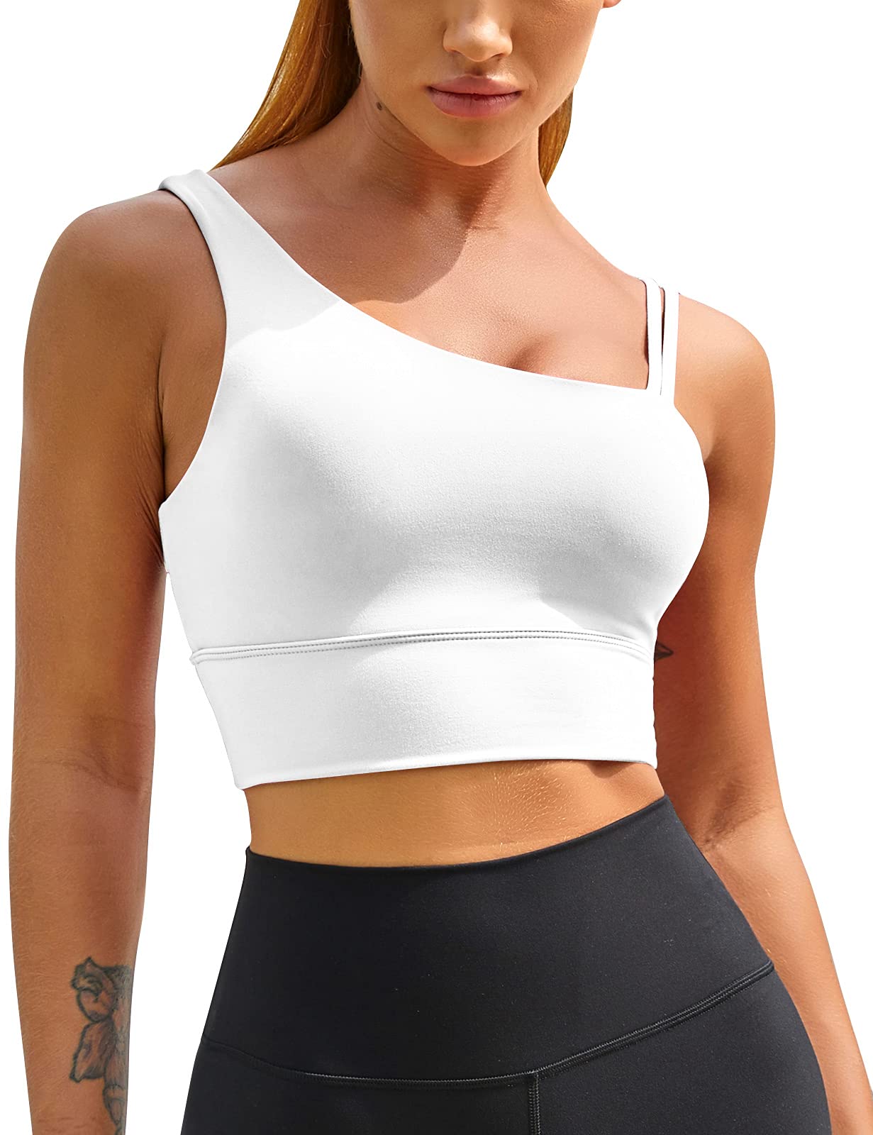 MELYUM Longline Sports Bras for Women One Shoulder Workout Tank Tops with Built in Bra Supportive Crop Yoga Top Padded