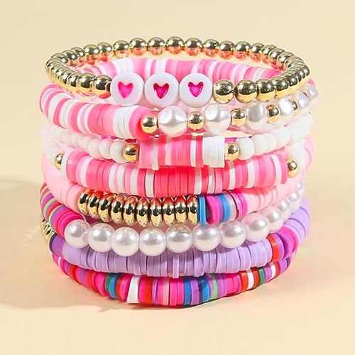 Colorful Bling 5-12Pcs Bohemian Love Heart Bead Bracelets For Women Vinyl Disc Heishi Surfer Stackable Stretch Bracelet Summer Beach Boho Jewelry-8Pcs Purple Pearl thumb #1