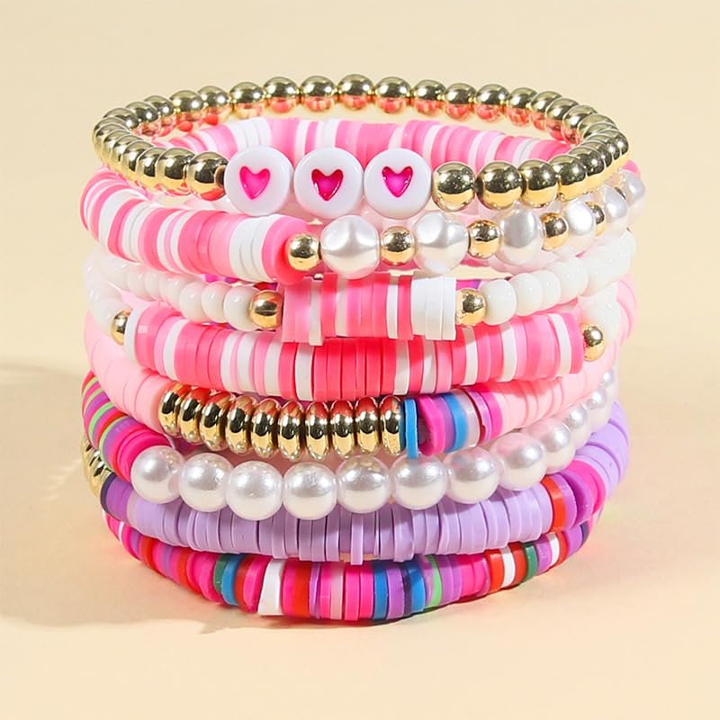 COLORFUL BLING 5-12Pcs Bohemian Love Heart Bead Bracelets for Women Vinyl Disc Heishi Surfer Stackable Stretch Bracelet Summer Beach Boho Jewelry2
