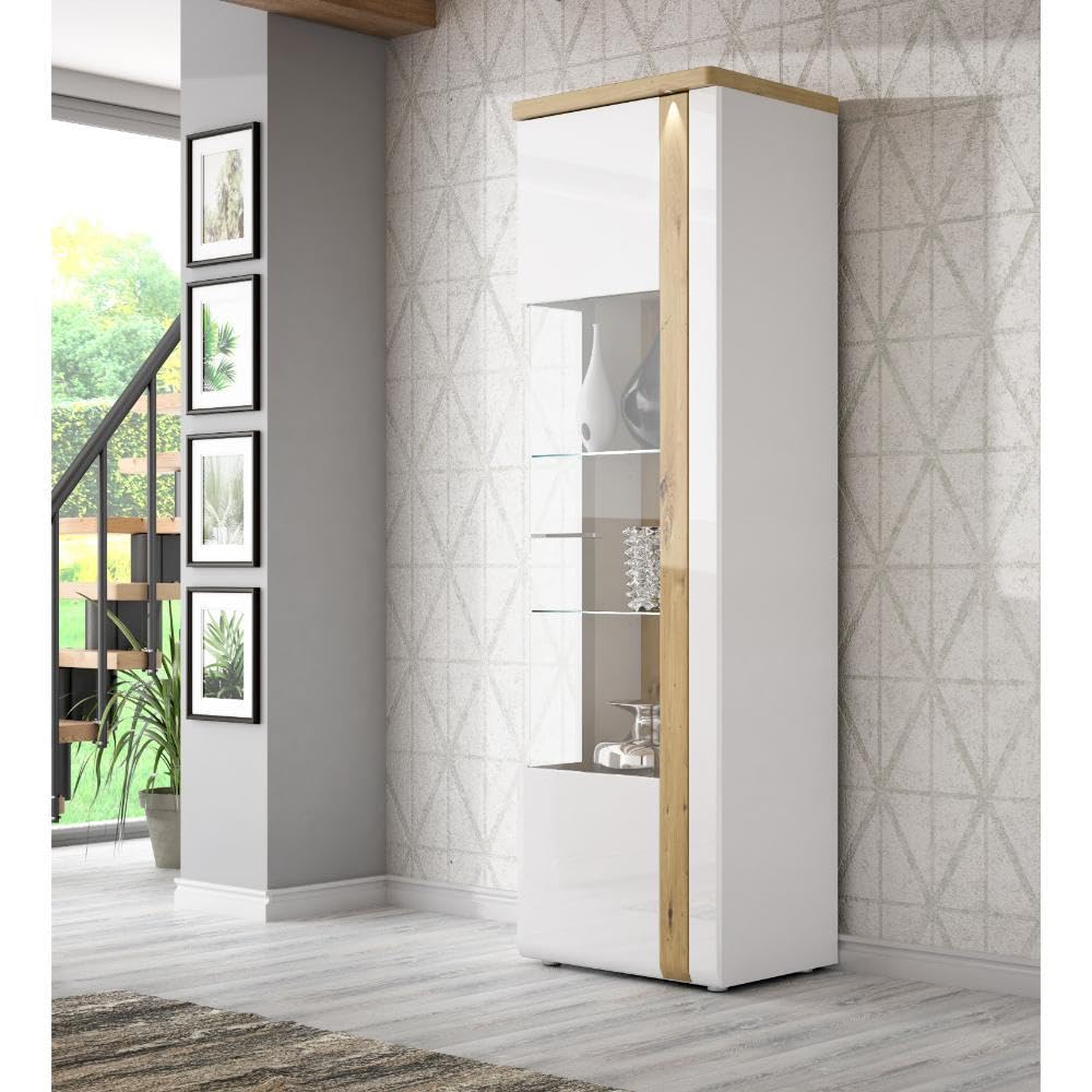 FORTE Tuluza Vitrine mit 1 Glastür, Holzwerkstoff, Weiß kombiniert mit Artisan Eiche und Weiß Glanz, 66,5 x 196 x 43,2 cm