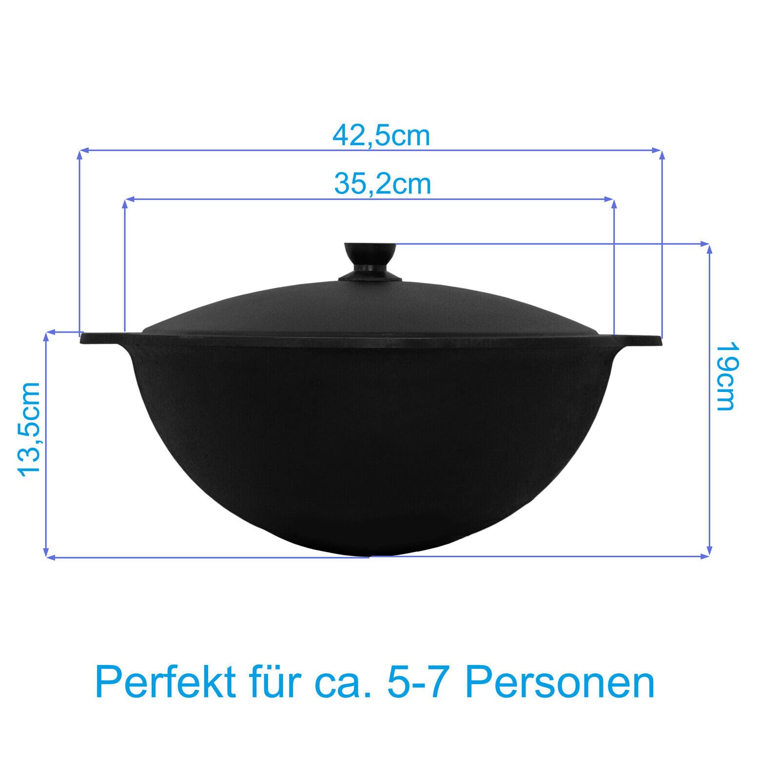 Wok ghisa 8 L (fondo rotondo) Kazan con schiumarola NAMANGAN Uzbek Kazan Uzbeko Asia WOK Cast Iron KESSEL Camping Uzbek Pentola con coperchio in alluminio Grillwok Pentola wok