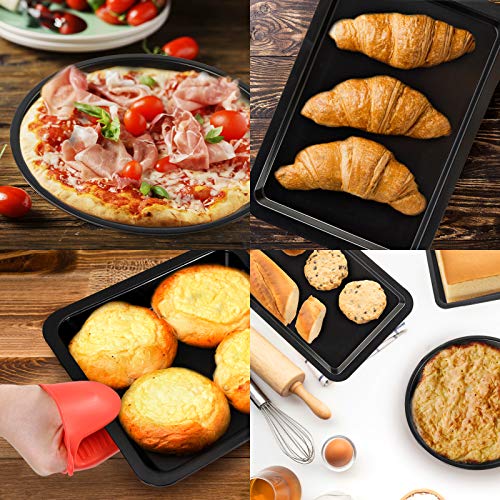5 Pcs Nonstick Bakeware Set,Carbon Steel Baking Set Include Loaf Pan,Cookie Sheet, Loaf Pan, Square Pan, Round Cake Pan, 12 Cups Muffin Pan,2 Mini Oven Mitts,1 Round Dish Sponge and 1 Basting Brush