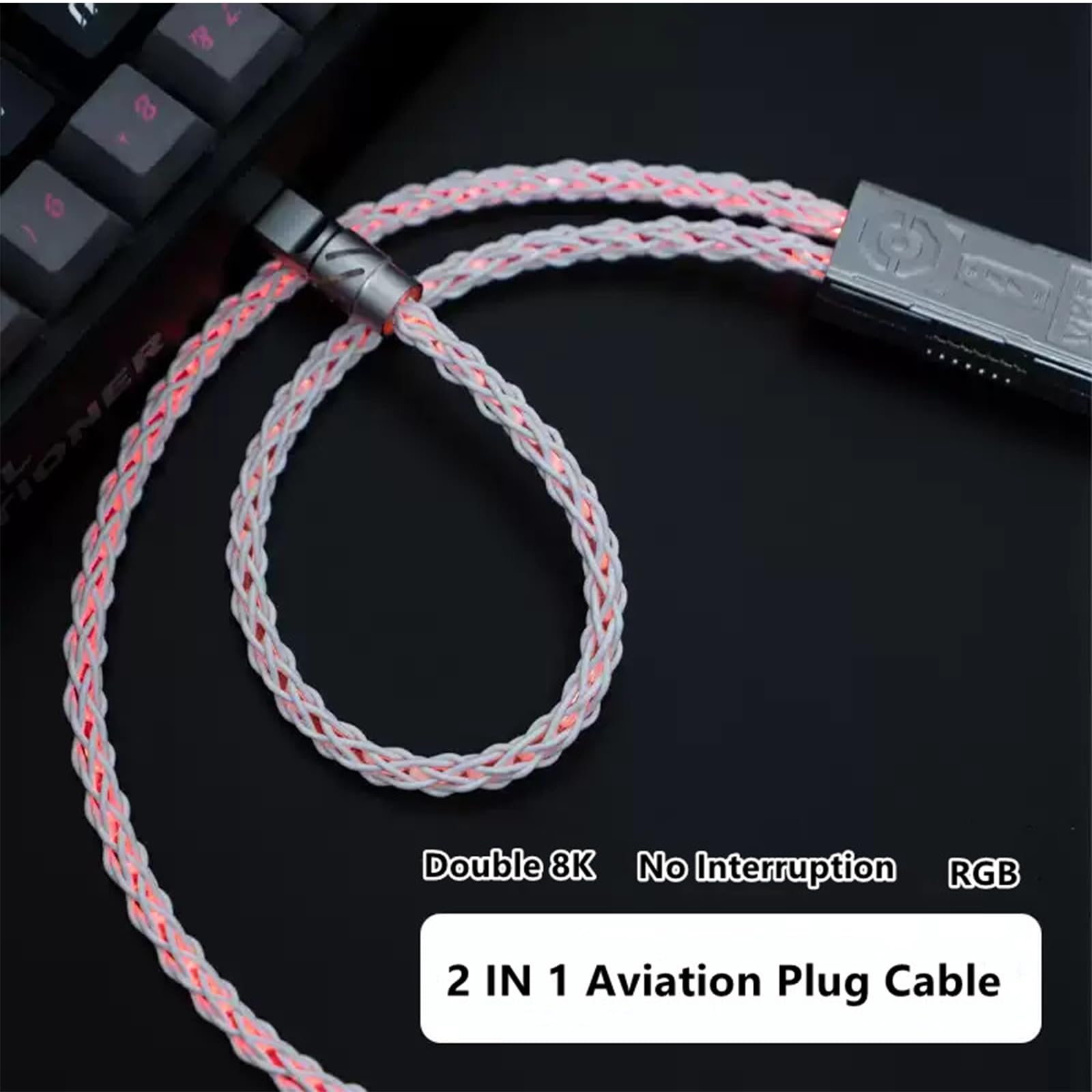 Câble USB C double axe magnétique 2 en 1 pour clavier mécanique 8 K, câble flash RVB épais, stable sans interruption, prise aviation en métal pour claviers/souris/hubs, 1,5 m (noir)