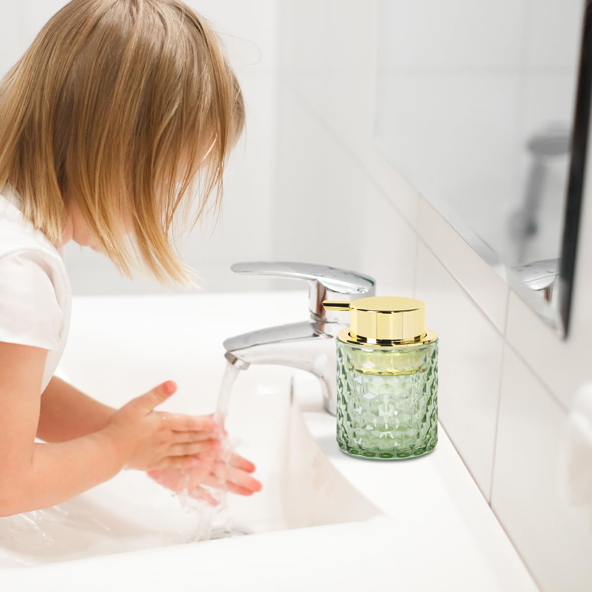Fvstar 10 Oz Glass Hand Soap Dispenser with Pump, Refillable Bathroom Gold Foaming Soap Dispenser, Vintage Glass Diamond Lotion Container Bottle for Bathroom and Kitchen (1, Green and Gold)