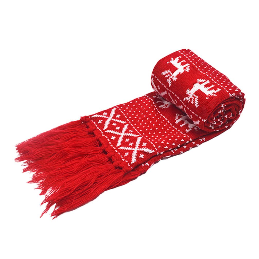 Bufanda de Navidad Navidad reno copo de nieve bufanda invierno cálido tejido rojo largo con borlas 8