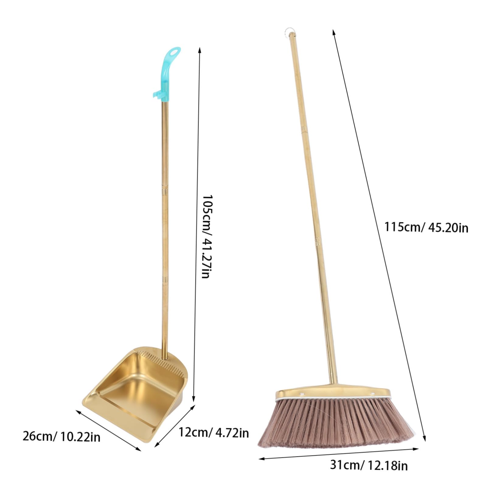SHINEOFI Schwerer Besen mit Langem Griff und Goldfarbenem Edelstahl Inklusive Kehrschaufel mit Kammzähnen Praktisches Reinigungsset für Haushalt und Garten