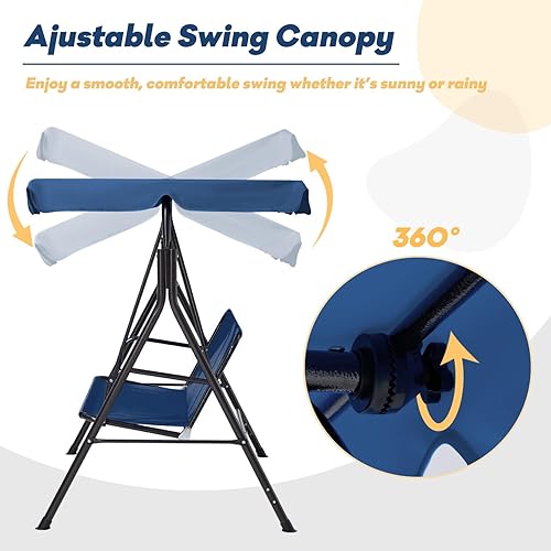 Miniatura 3 de Columpio de patio de 2 asientos, columpio al aire libre con cojines extraíbles, toldo ajustable para patio trasero, porche, jardín, asiento de tela,