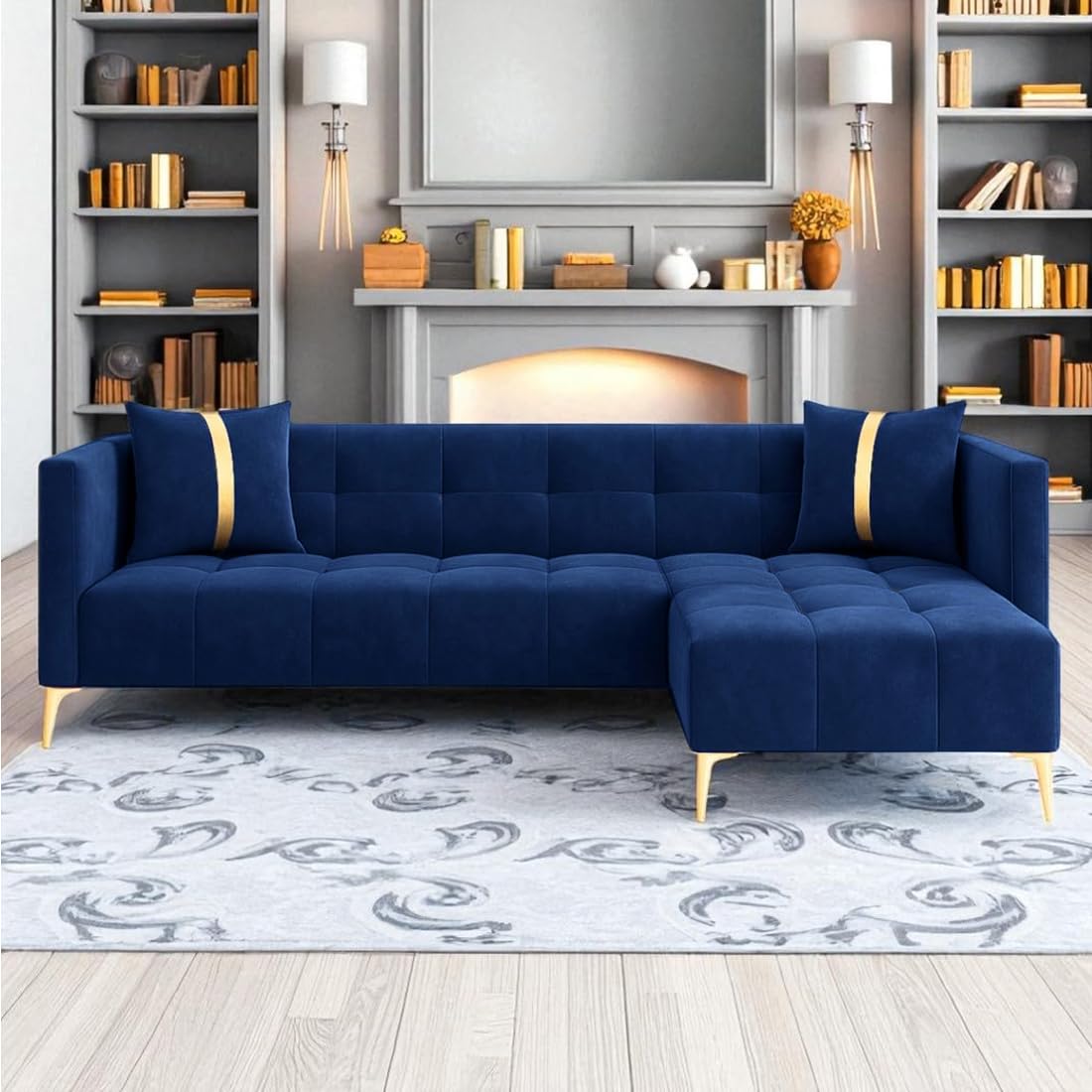 FURNY Styliving 4 Seater Fabric RHS L Shape Sofa Set (Blue) with Golden Finish Legs | Durable & Comfortable | Ideal for Living Room FURNY Styliving 4 Seater Fabric RHS L Shape Sofa Set (Blue) with Golden Finish Legs | Durable & Comfortable | Ideal for Living Room