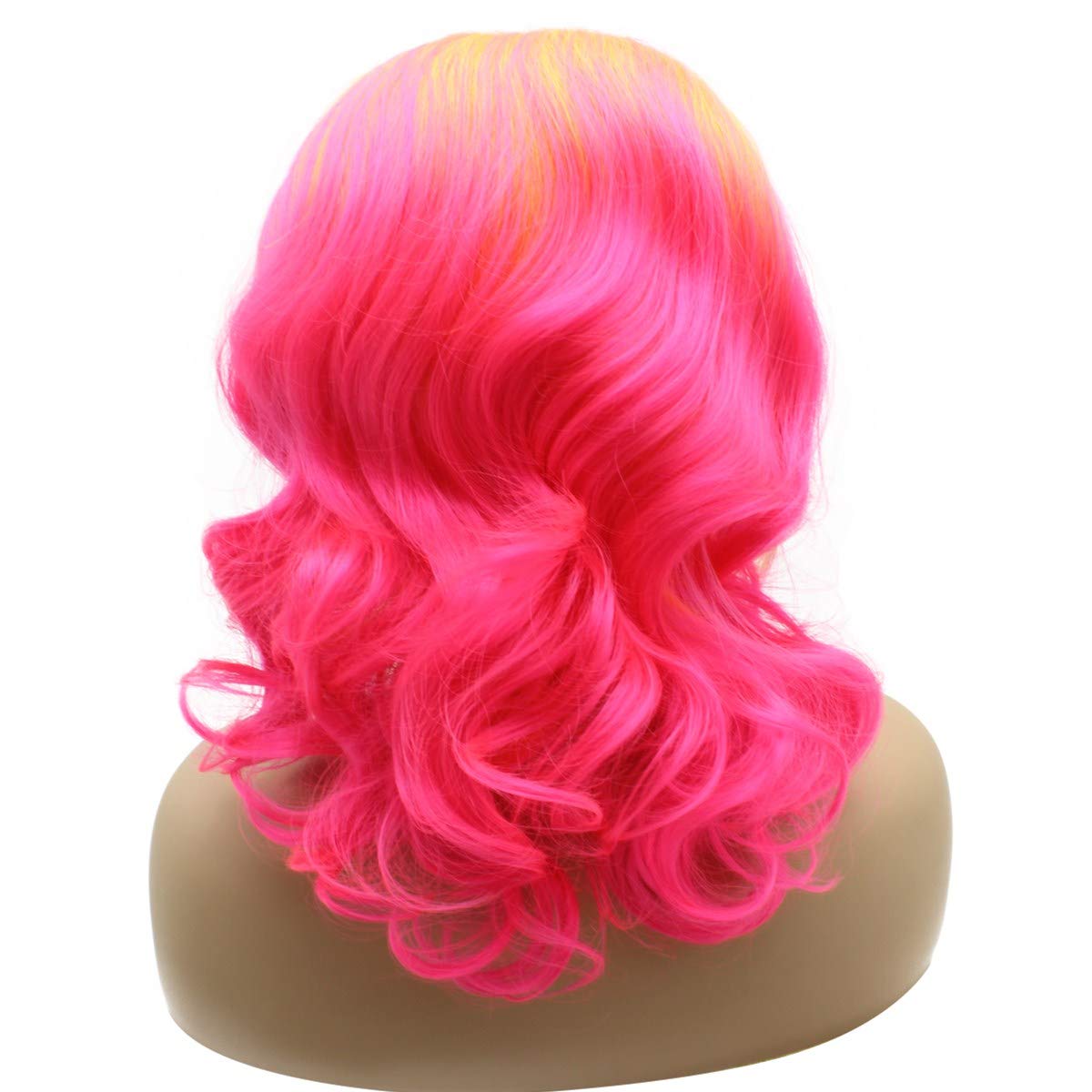 iwonawig Shoulder Length Wavy Curl Yellow Hot Pink Ombre Tone Half Hand Tied Synthetic Lace Front Heat Friendly Fiber