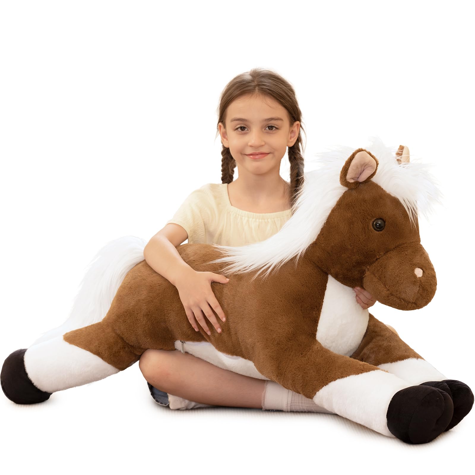 MorisMos 110cm/44in XXL Horse Plush Stuffed Animal, Soft Large Cuddly Brown Horse Teddy Pillow Toy with Adjustable Softness Zipper, Gift for Kids Girls Boys & Pony Lovers — image 1