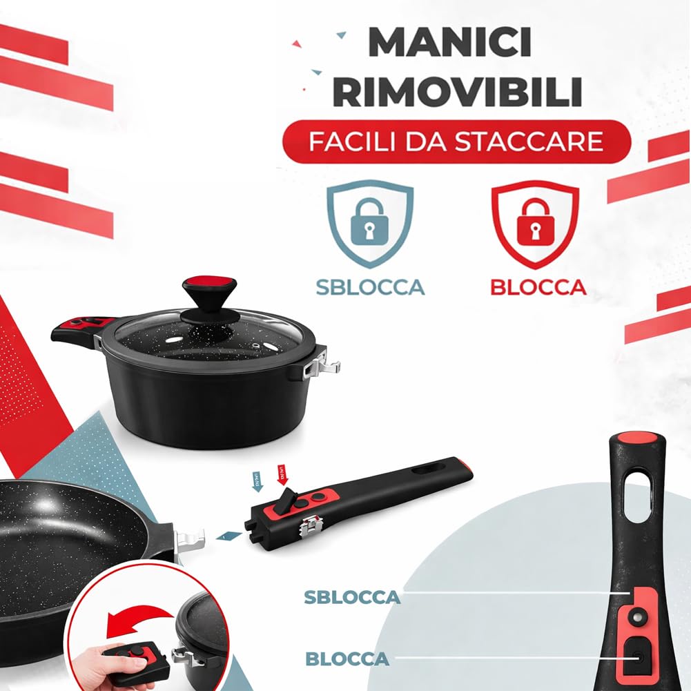 BAKAJI Batteria di Pentole 24 Pezzi Modello Rubino con Manici Removibili in Alluminio Pressofuso Antiaderente, Casseruola e Padella con Manico Amovibile, Coperchi e Mestoli Accessori (Nero)