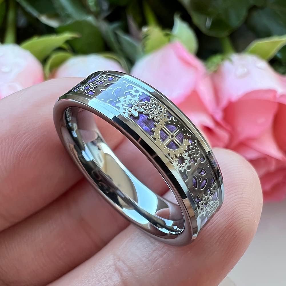 TUTISS 6mm 8mm Tungsten Rings for Men Women Purple Carbon Fiber Steampunk Gear Inlay Engagement Wedding Bands Beveled Edges Polished Shiny Comfort Fit