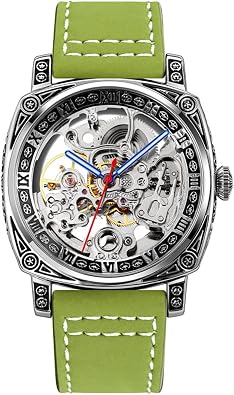 SENRUD Mens Automatic-self-Wind Watch Leather Strap Stainless Steel Fashion Waterproof Skeleton Watch