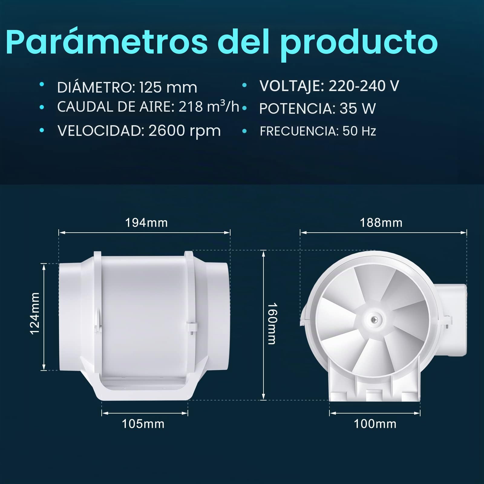 Ventilador centrífugo, HG Power 125mm Extractor Ventilador de Aire en Línea Super Ligero y Silencioso - 218m³/h