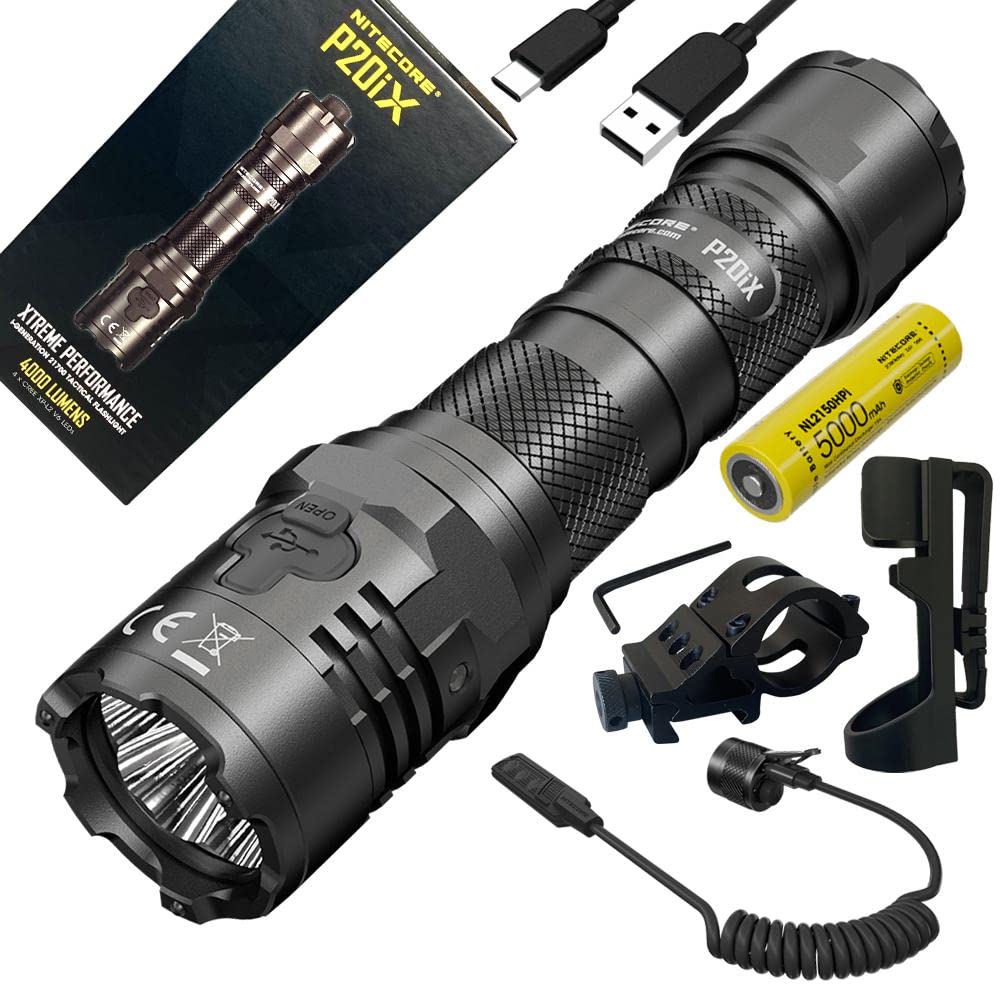 Nitecore P20iX USB-C Rechargeable LED Flashlight - 4000 lumens - w/Holster, OffsetMount, RSW2i Remote Pressure Switch, andBattery Included