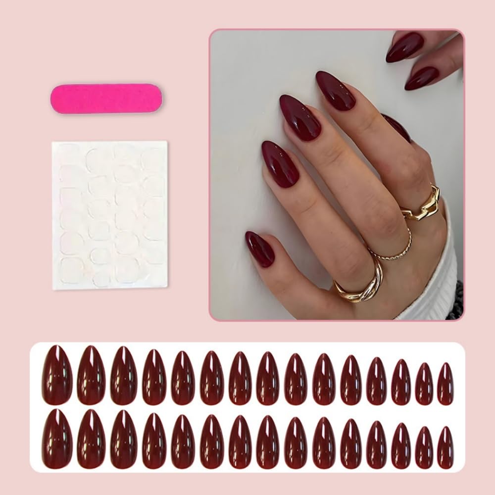 Red Press on Nails Medium Almond Fake Nails with Designs Glossy Full Cover Burgundy Glue on Nails Cute Solid Color False Nail Reusable Full Cover Acrylic Nail for Women Girls Manicure 30Pcs image 2
