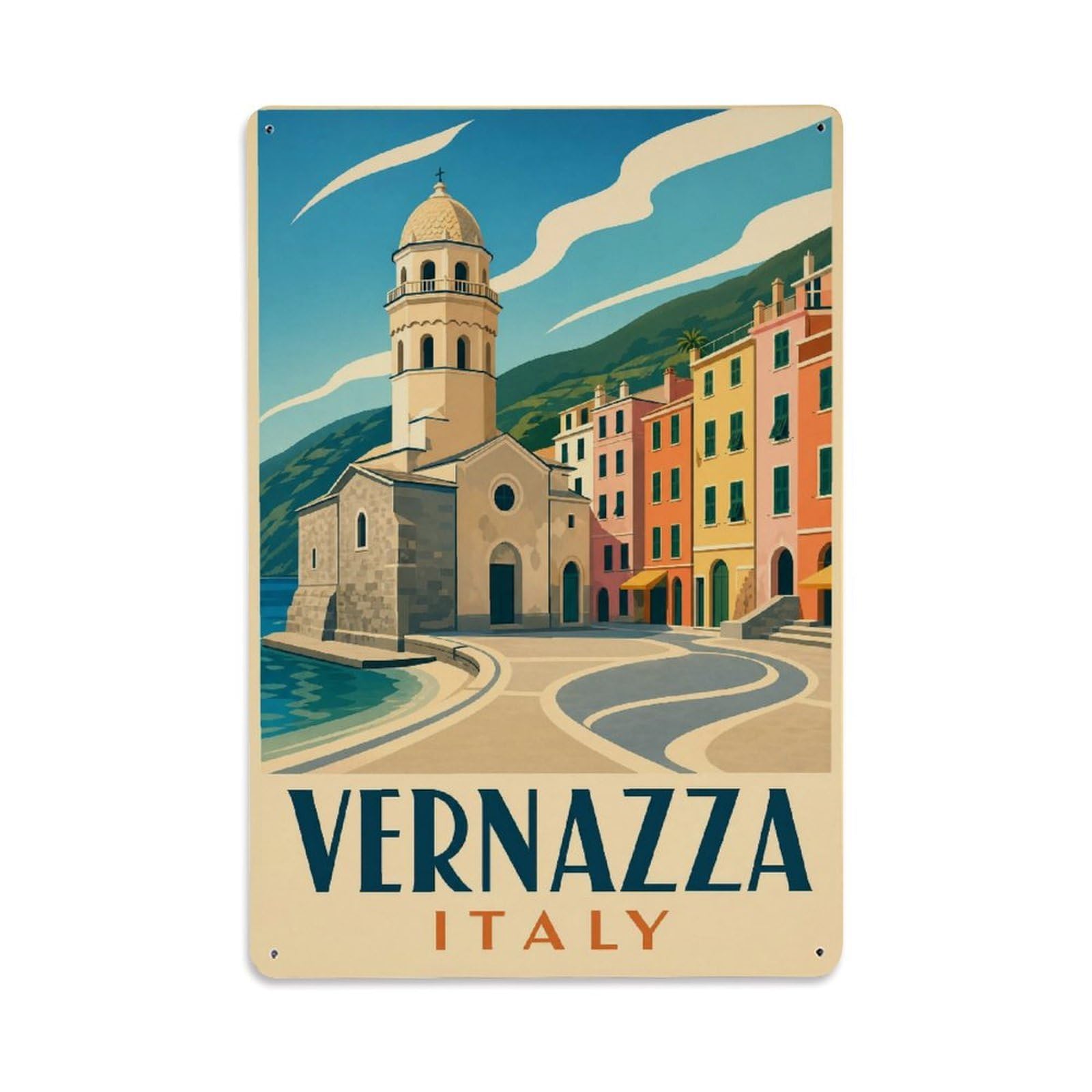 Huiyhb 8X12inch(20X30cm) Vintage Travel Vernazza Piazza Church Square Italy Metal Tin Sign