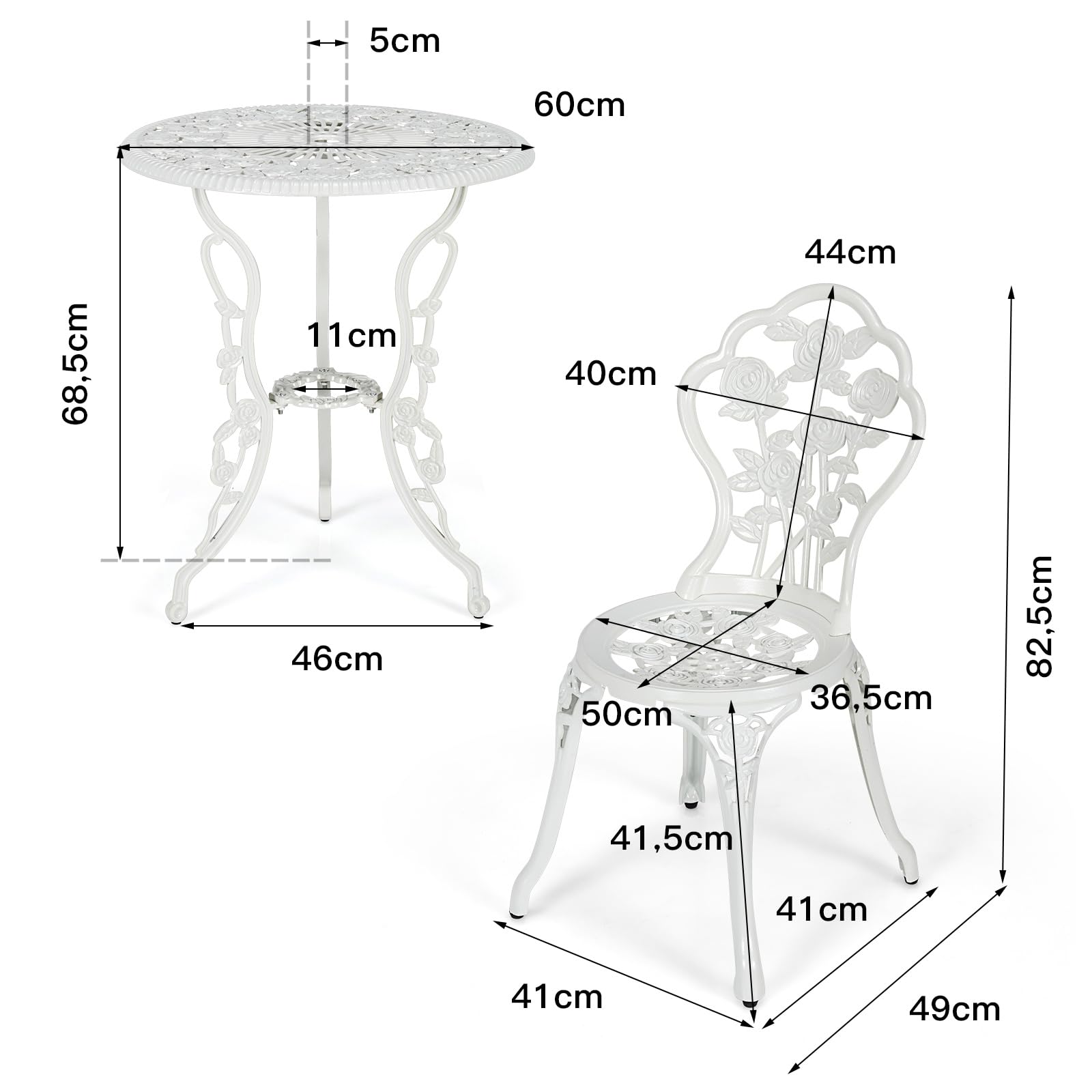 COSTWAY 3-delige tuinmeubelset, balkonset met 2 stoelen en tafel, balkonmeubels van gegoten aluminium en gietijzer, terrasmeubilair, tuinset, zitset voor terras, balkon, tuin