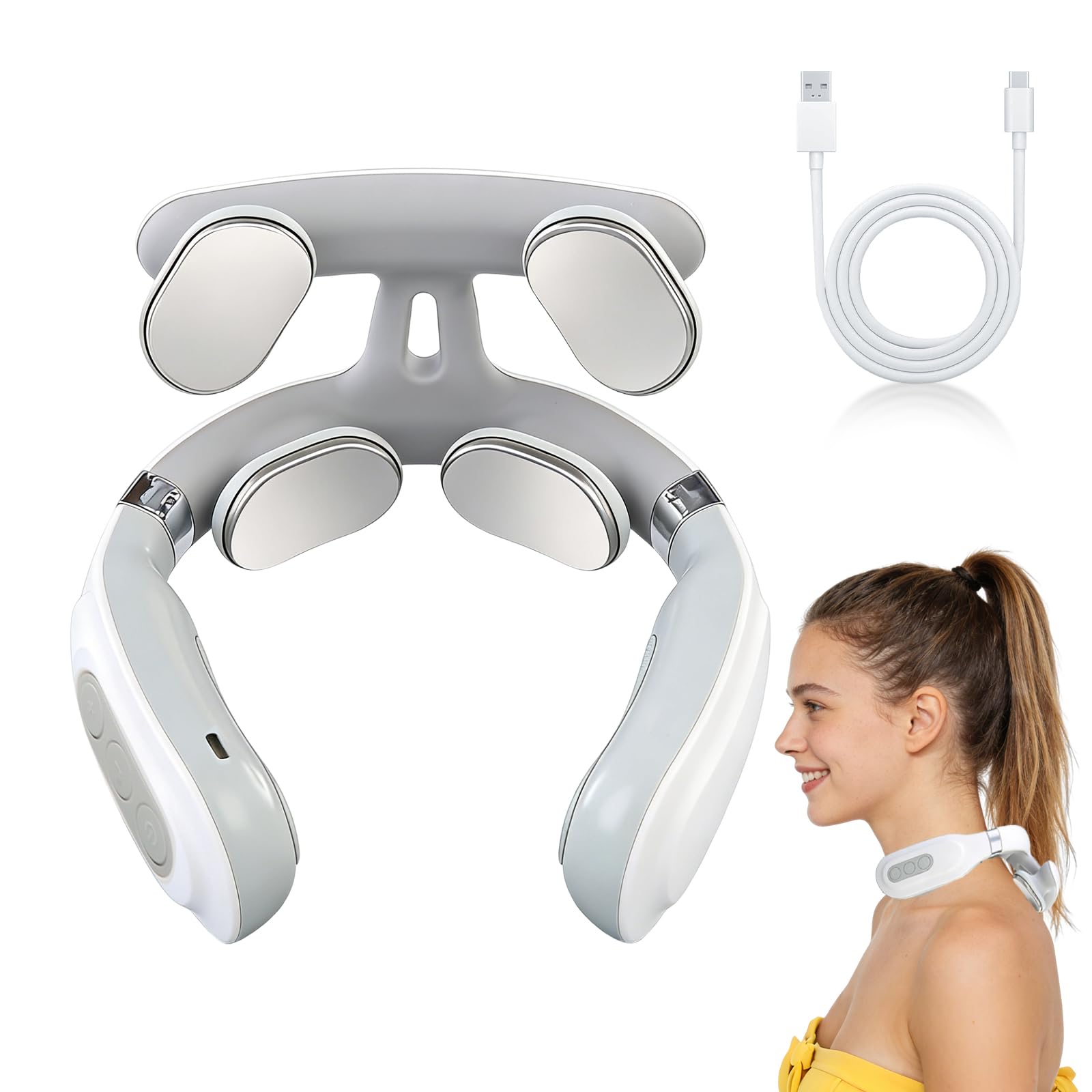 Masajeador de Cuello y Hombros, 4 Cabezales TéRmicos EléCtricos Y 16 Niveles De Intensidad Para, Masaje Cuello Shiatsu con Calor, para Alivio del Dolor Muscular, Promover la Relajación Muscular (White)