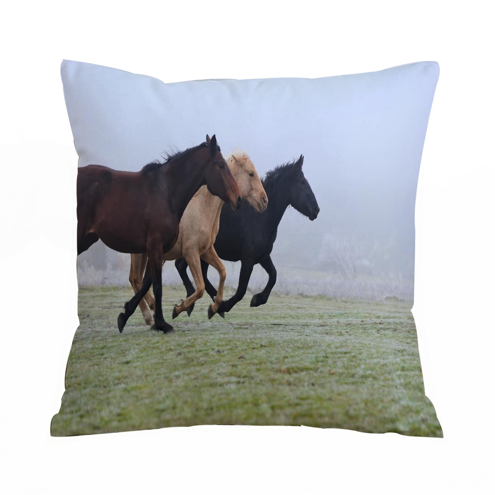 Aelksp Horses, A Few Racehorses On The Grass On A L - A10 Cushion Cover Decorations Pillow Cover Home For Livingroom Couch Sofa Decor Throw Pillow Case Gifts,Horses, A Few Racehorses On The Grass On A Late Autumn Foggy Day,20X20 In