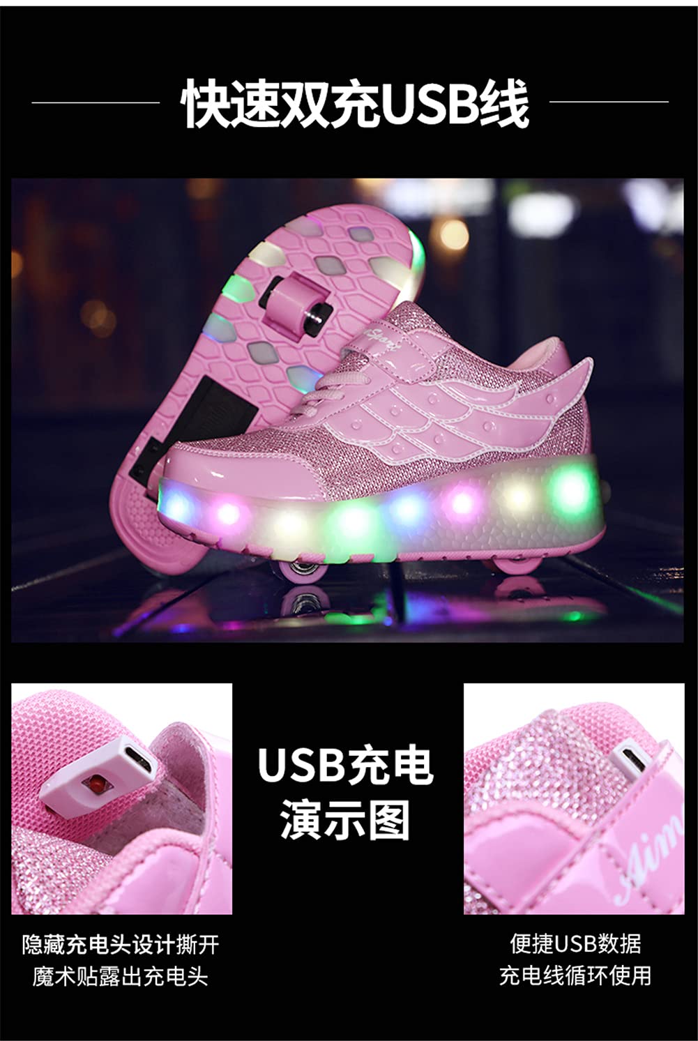 Axcer LED Skateboardschuhe Blinkend Schuhe Mit Rollen Automatisch Einziehbar Komfort Räder Sneaker Outdoor Fitnessschuhe 7 Farbwechsel Rädern Gymnastik Traillaufschuhe für Jungen Mädchen Geschenk