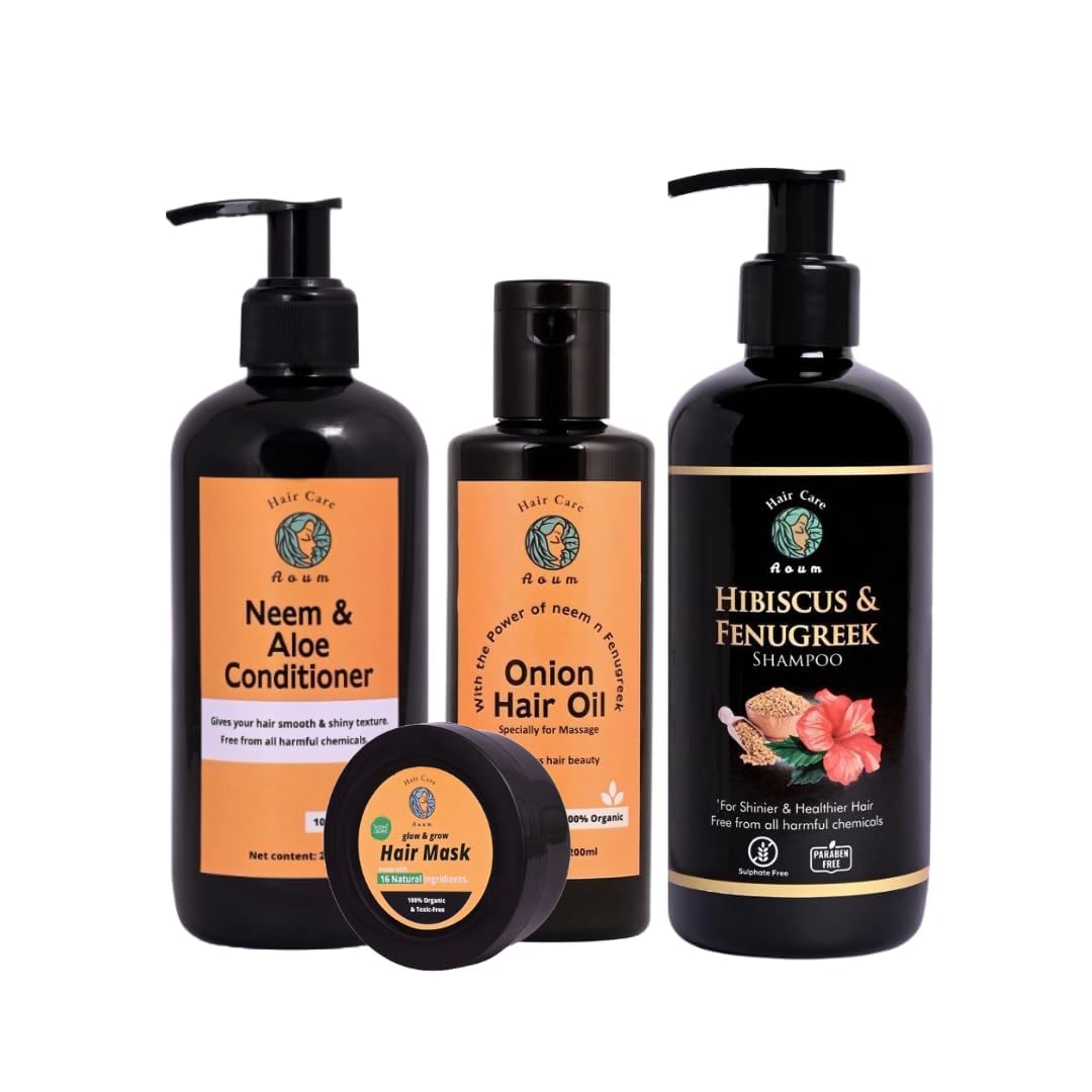 Aoum Organic Combo Pack Hibiscus & Fenugureek Shampoo, Onion Hair Oil,Glow & Grow Hair Mask With Neem & Aloe Conditioner Natural And Herbal