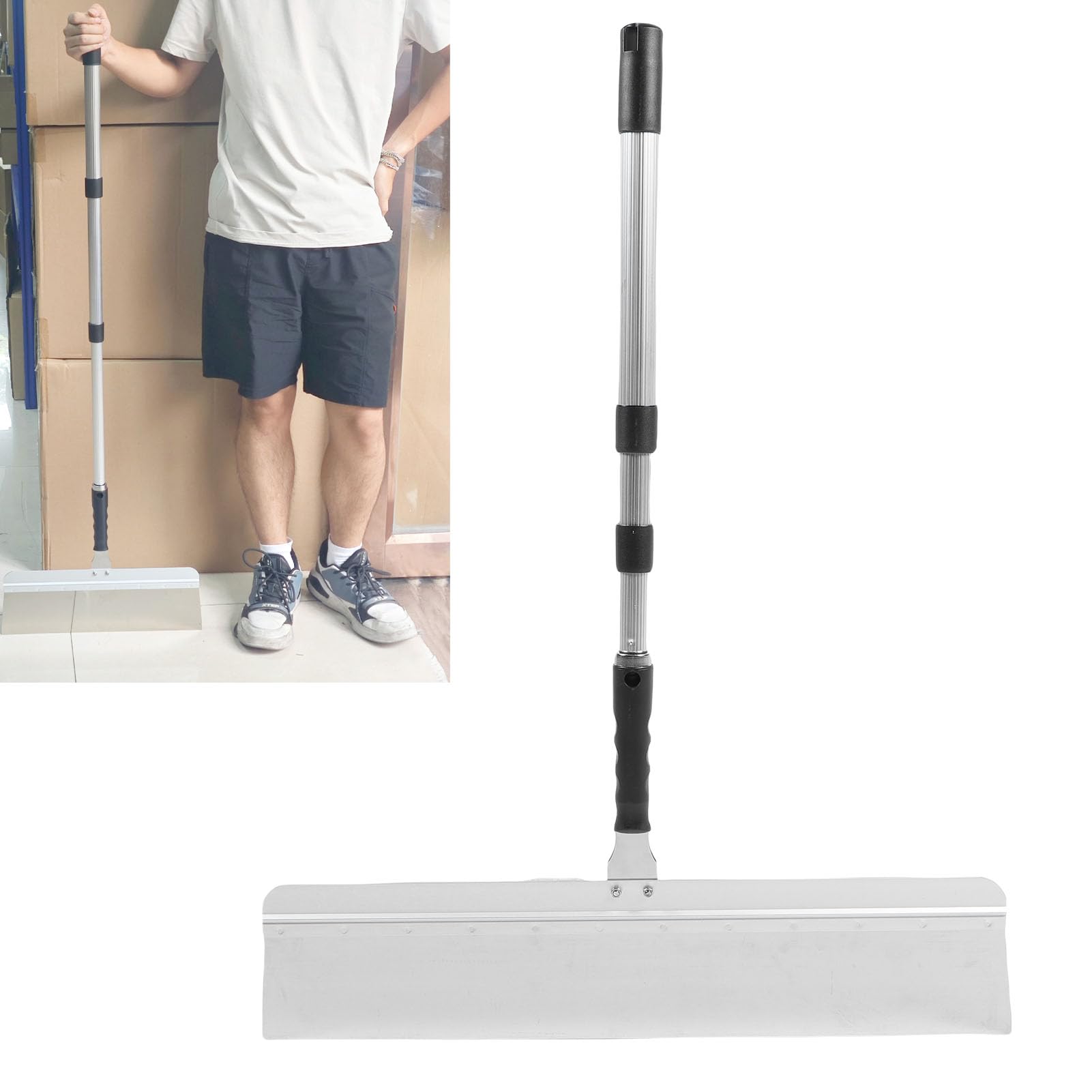 Walfront Rascador de Cemento Autonivelante, Escurridor de Cemento, Herramienta para Revestimiento de Pisos, 24 Pulgadas, 3 Raspadores, 6 Mm, Cuadrado y Dentado en V, Poste Telescópico
