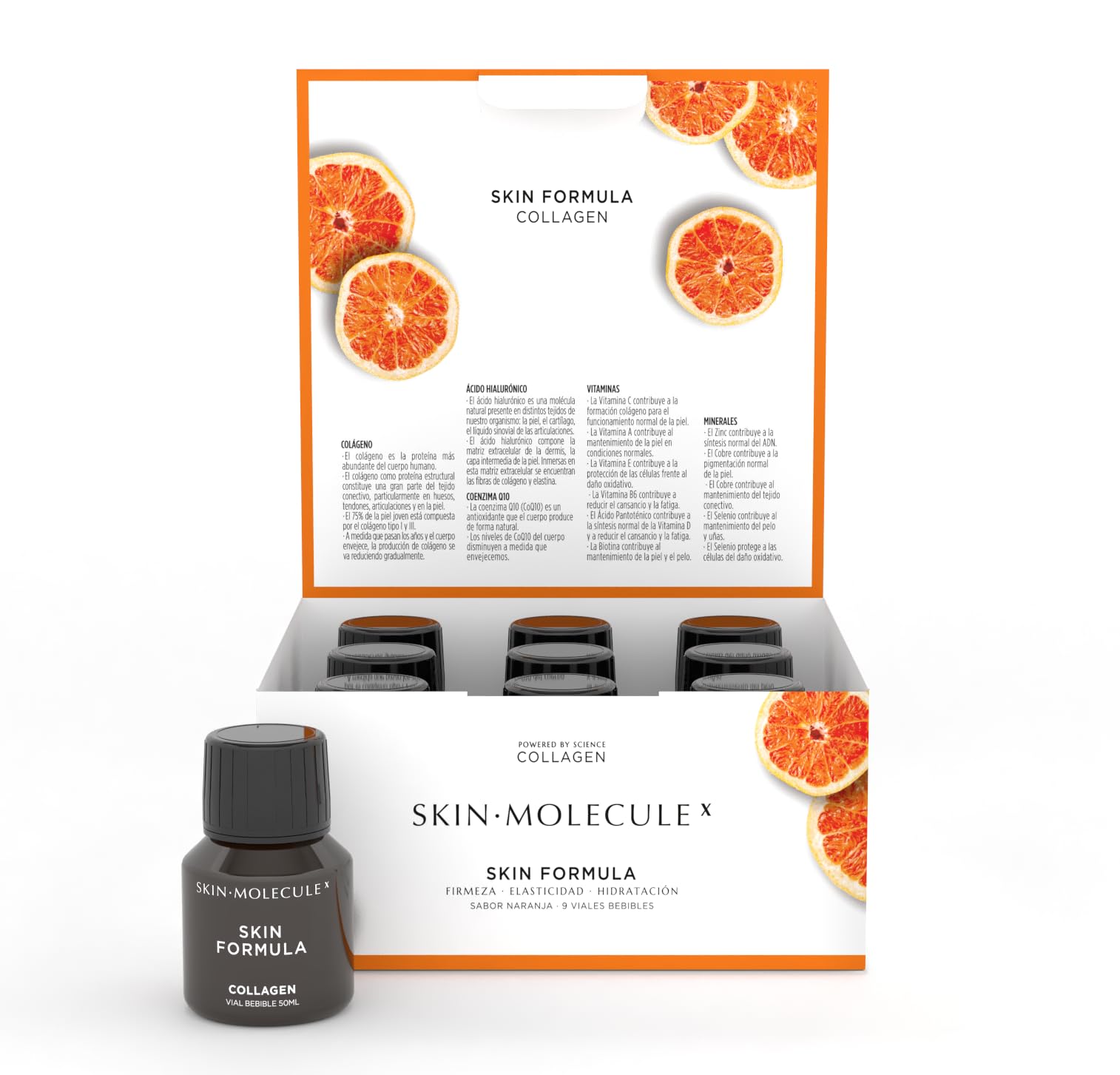 SKIN MOLECULE X - Skin Fórmula - Colágeno Marino Peptan® con Ácido Halurónico, Coenzima Q10, Vitaminas y Minerales, Colágeno Bebible | Rejuvenece e Hidrata la Piel, Fortalece Cabello (Plan 27 días)