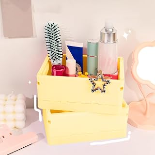 1 Pack Yellow Mini Plastic Folding Storage Crate - 6.53x4.84x2.87-inch Square Storage Basket for Desktop, Drawer, Bathroom, Bedroom, Office & Classroom Organization (Decorative Organizer)