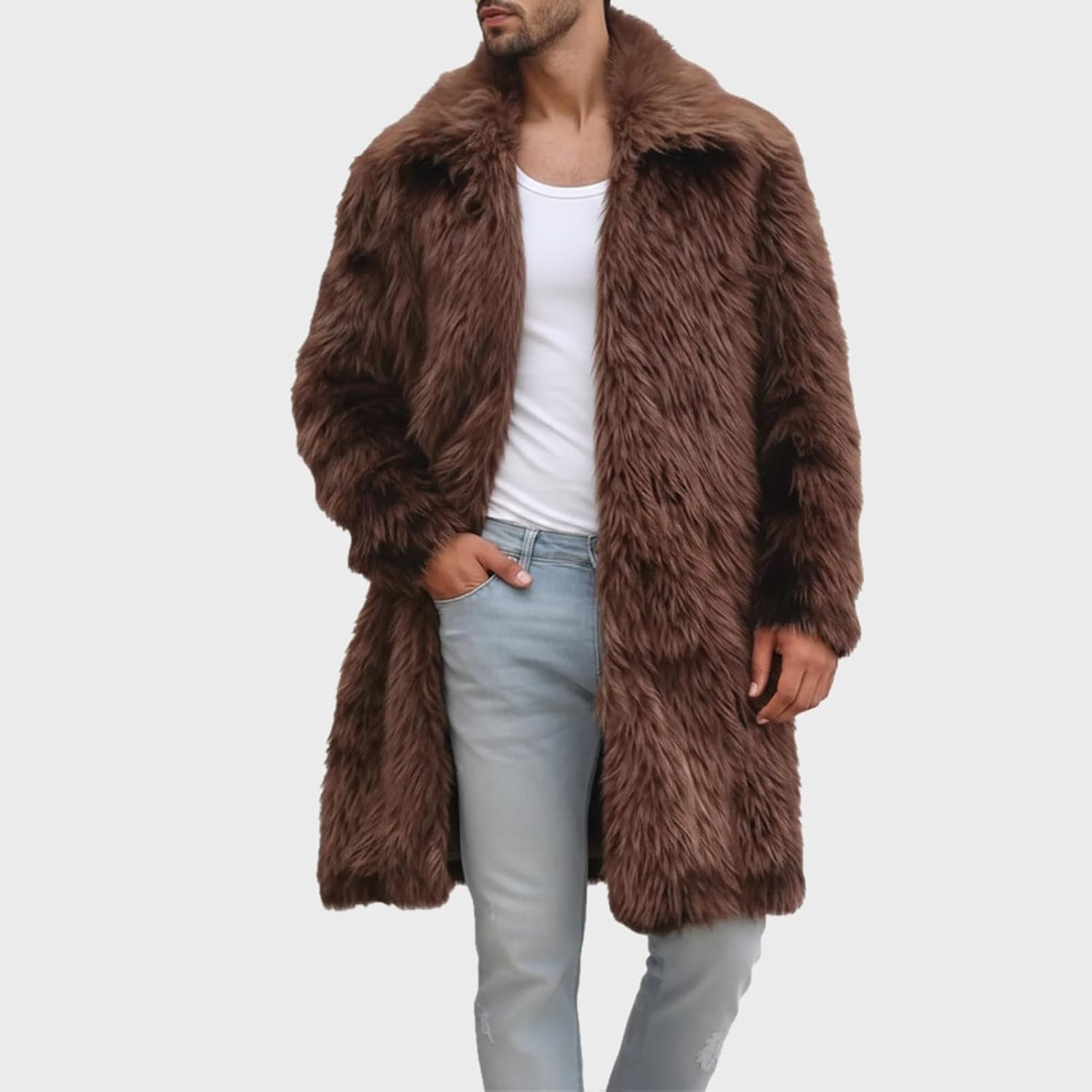 Colf Men's Winter Fluffy Lapel Faux Fur Coat Jacket | Mens Faux Fur Jacket, Winter Long Overcoat, Long Sleeve, Fluffy, Thik Warm