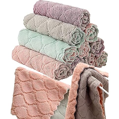 12 Pack Kitchen Towels Quick Dry Washcloths, Coral Velvet Dishtowels Multipurpose Reusable Cloths, Soft Tea Absorbent Cleaning Cloths Double-Sided Microfiber Lint Free Rags. Cover