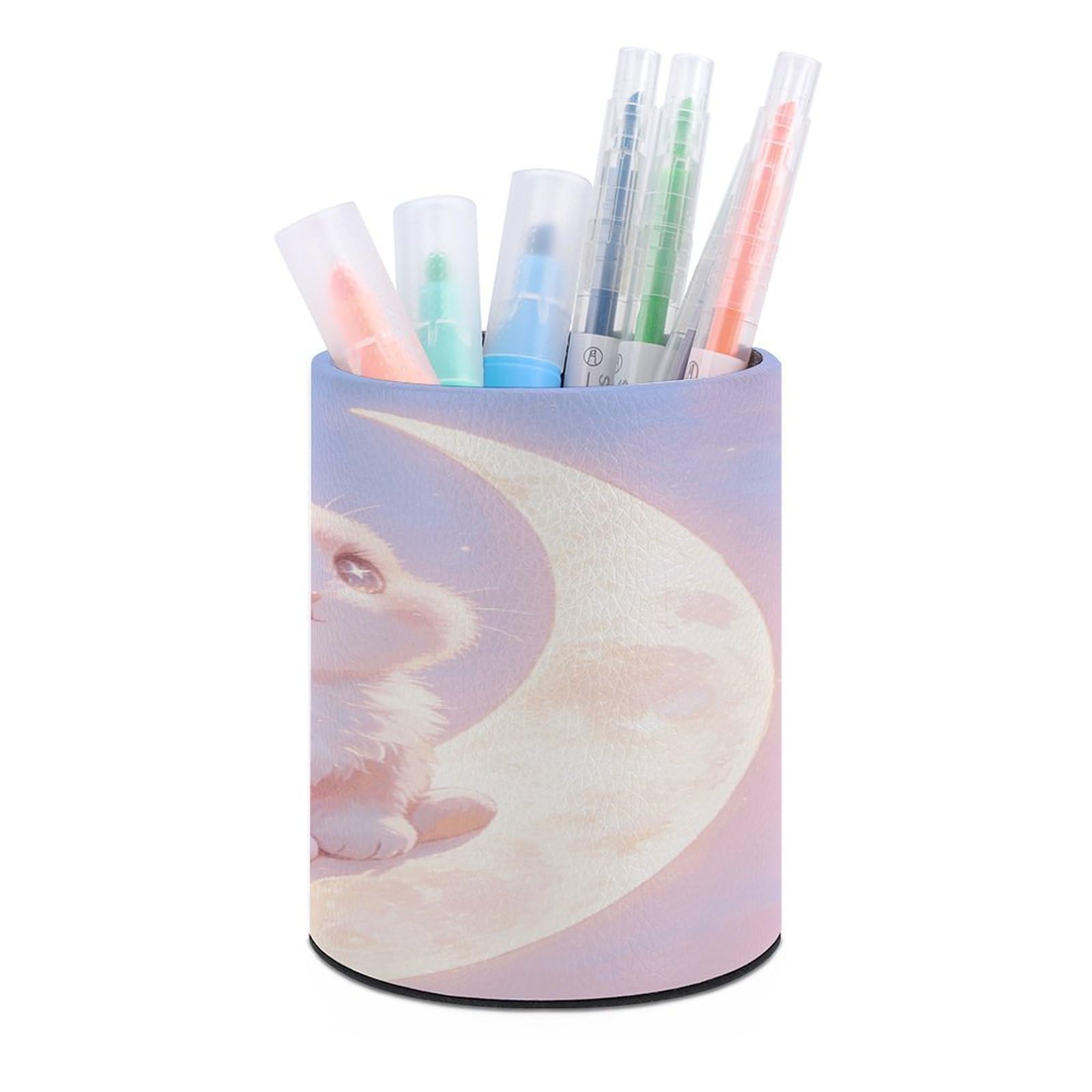 FekiLoot Pink Moon Bunny Pen Holder Cup Fashion PU Leather Pencil Cup Minimalist Pen Organizer Round Pencil Holder Stand Work Locker Accessories for Decoration Desk Office Home