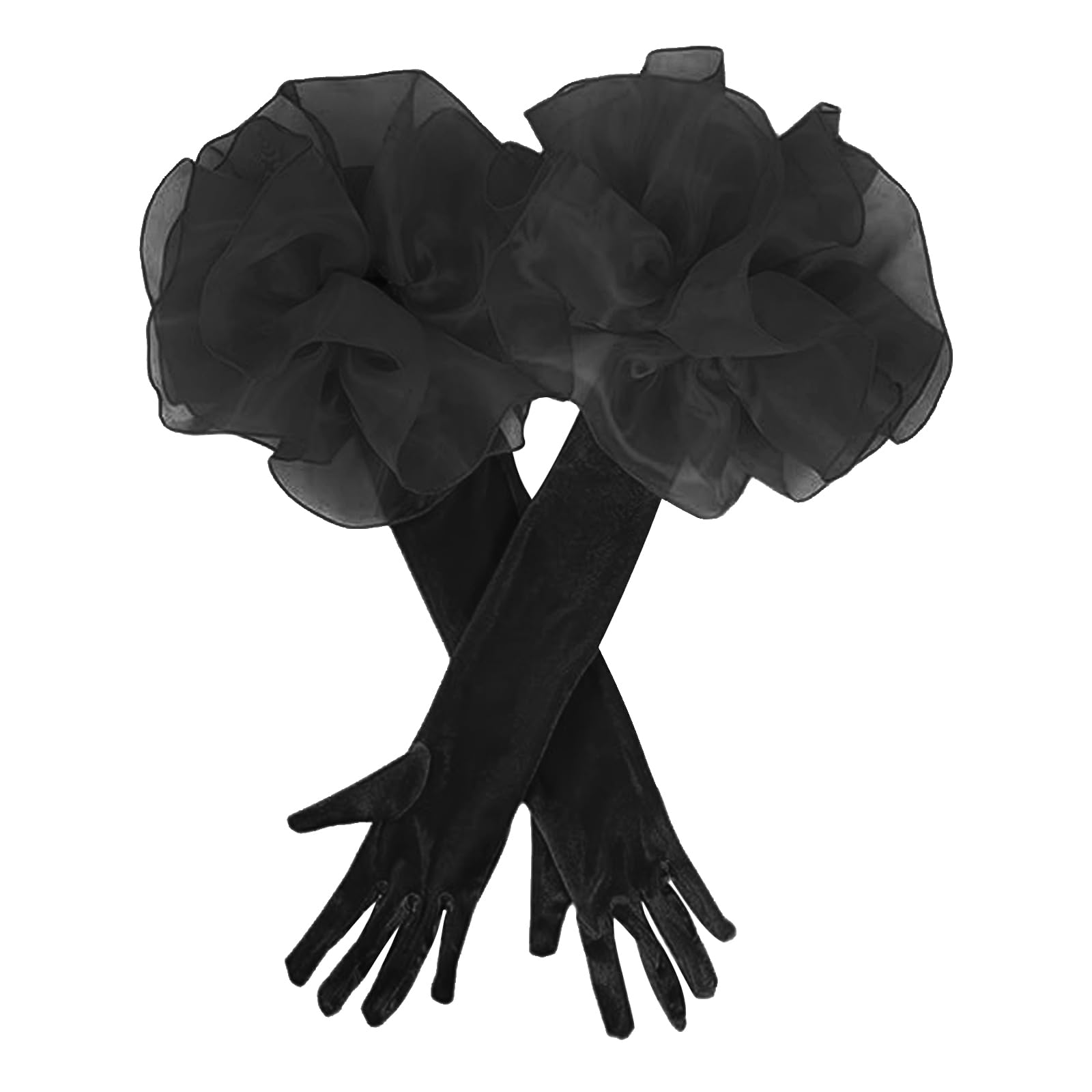 Women Long Velvet Gloves with Ruffled Tulle Mesh Cuff Bride Wedding Hands Wear Halloween Prom Fancy Dress Accessory Lady Vintage Elegant Evening Party Club Gloves