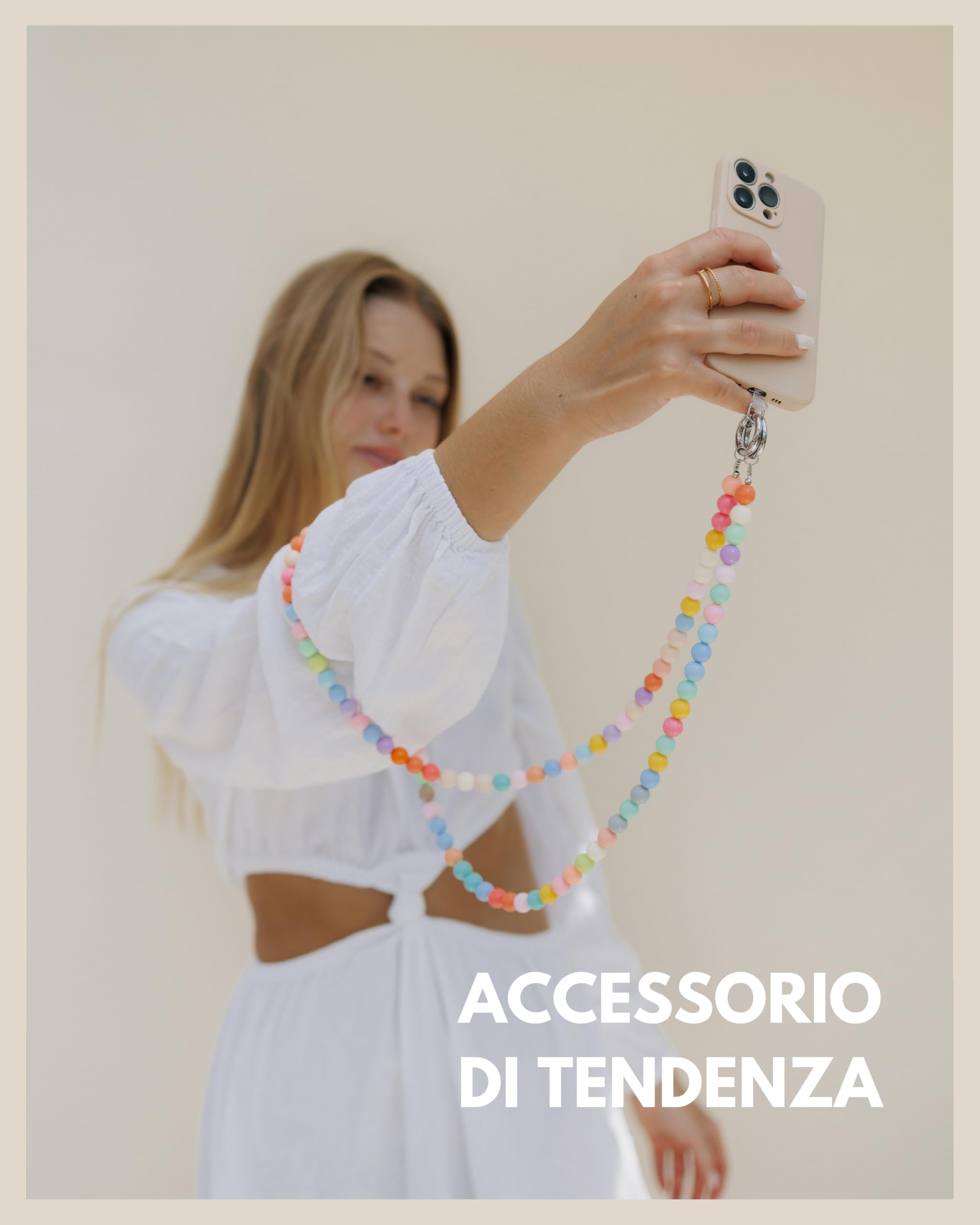 GD GOOD.designs Catena per cellulare con perline - Cinghia universale con patch per ogni custodia per cellulare | Cinghia per cellulare da indossare (lunghezza 130 cm)