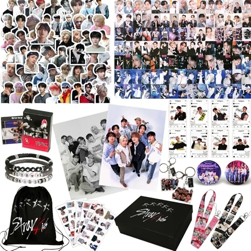 Stray Kids Gifts Set, Including 110 Photocards, 180 Stickers, 1 Drawstring Bag Backpack, 24 Lomo Cards, 3 Design Bracelet, 2 Adhesive Posters, 2 Lanyards, 2 Pins and Keychain SKZ's Fans Merchandise