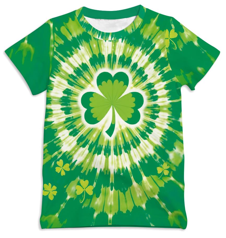 Ainuno St Patricks Day Shirt for Boys Girls Kids Green Shamrock Shirts Green Tie Dye Print Tshirt for Big Boy Girl Age Size 9 10 Cool Saint Irish Pattern M