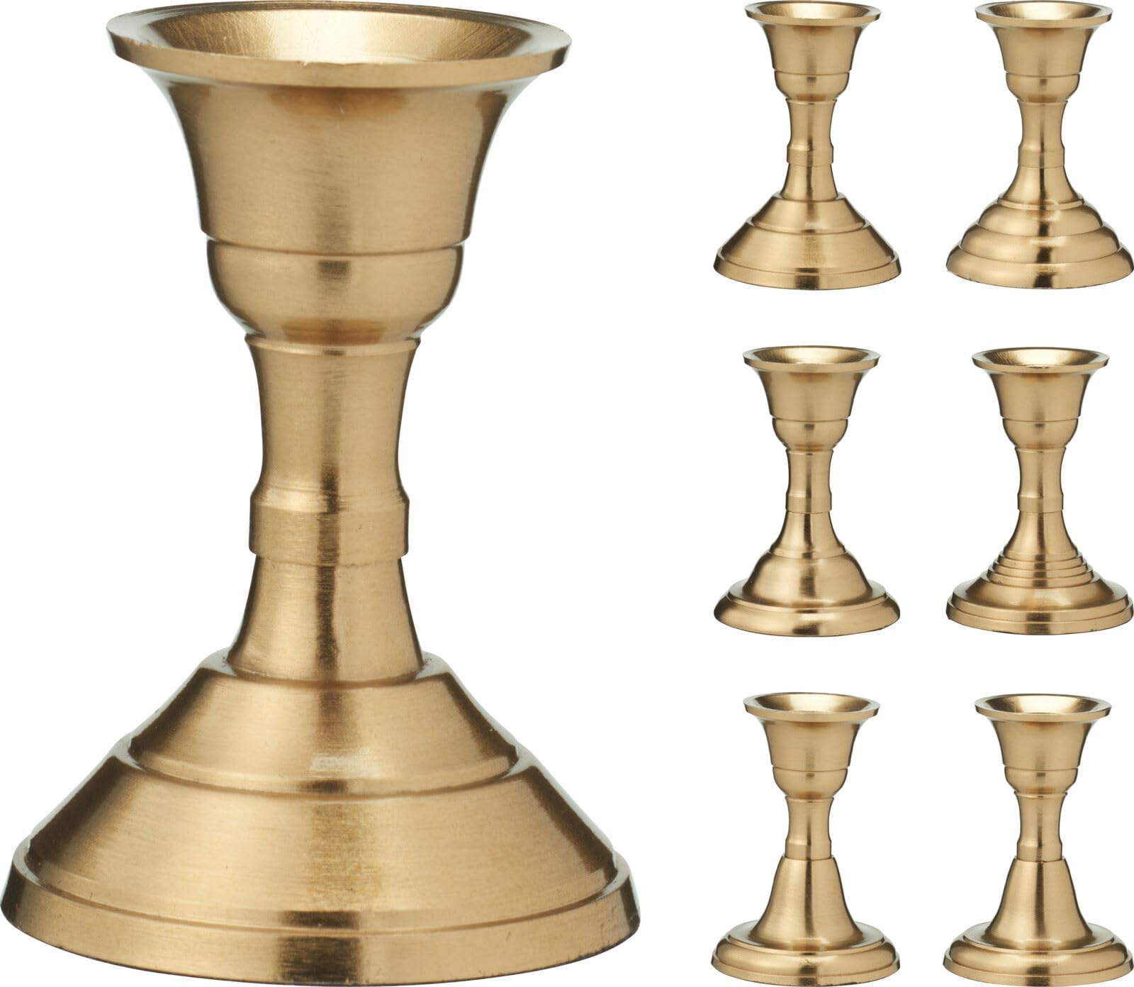 Brass Metal Candlestick | Tapered Dinner Candle Holder | Short Brass Effect Candle Stand - 8cm ~ Design Varies