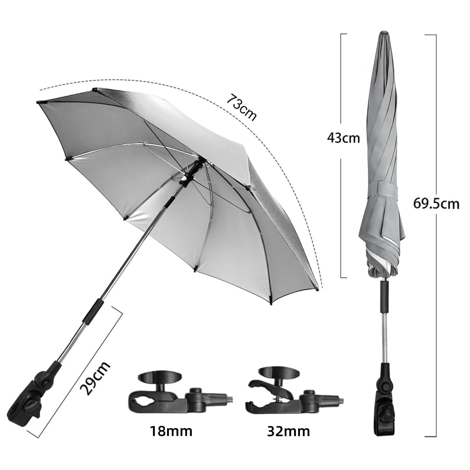 Ombrellino Passeggino Universale, Ombrellino Parasole Passeggino Anti UV 50+, Ombrello Parasole Passeggino con Un Manico, Ombrellone per Passeggino per Carrozzina e Passeggino-Grigio