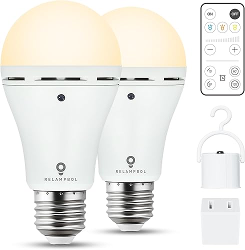 Paquete de 2 bombillas de luz de emergencia recargables con control remoto con temporizador y 3 temperaturas de color, bombilla de respaldo de