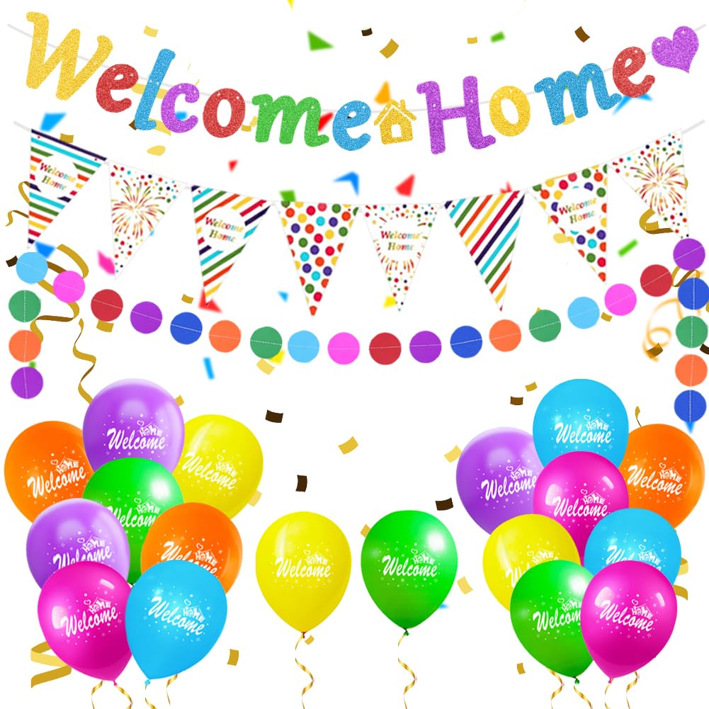 Welcome Home Banner and Balloons,Multicolored Welcome Home Decorations, Welcome Home Banners Bunting Flags Garlands For New Home House Warming Decor Welcome Back Family Baby Shower Party Supplies
