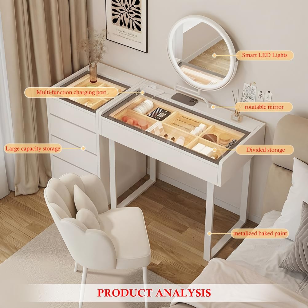 Glass Top Vanity Dressing Table, Desk with Mirror and Drawers Wood, Makeup Table Chair Modern for Bedroom As A, White