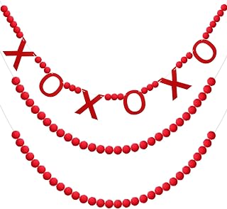Breling 3 Pieces Valentine XOXO Felt Ball Garland, 10ft Felt Pom Pom Garlands Valentines Decorations Hanging Ball Garland Banner for Valentine's Day Anniversary Wedding