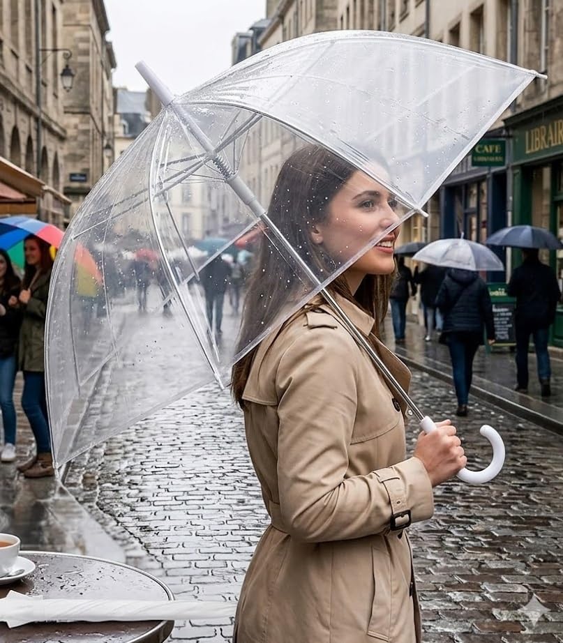 Large Transparent Bubble Umbrella Windproof Auto Open | Wedding Style Stick Rain Umbrella with J Hook Handle for Heavy Rain Camping Hiking & Outdoor Use-image-5