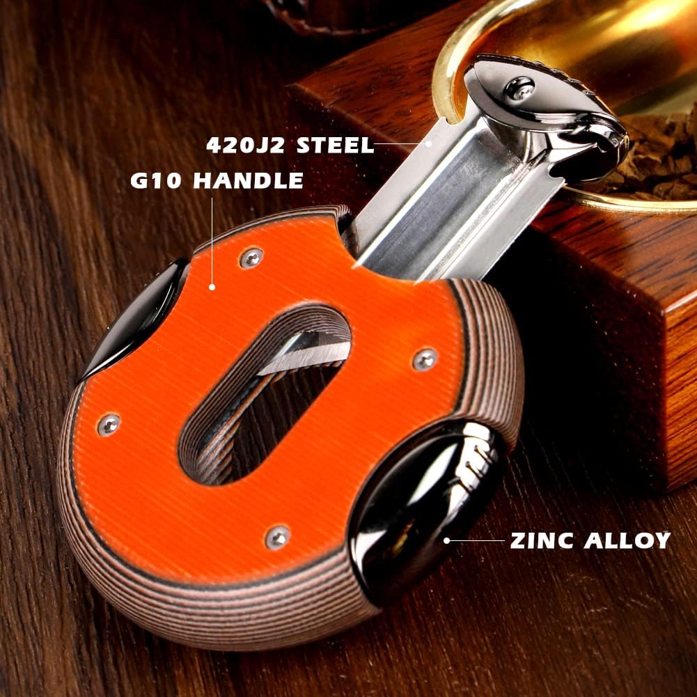 KEENSUN Round G10 V-Cut Cigar Cutter (Orange),60 Ring Gauge, Ergonomic Design with Secure-Lock,2 Pack Set with Gift Box (Cigar Cutter and G10 Cigar Holder)