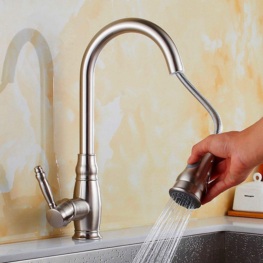 Brass Kitchen Nickel Cold and Hot Water Tap Sink Faucet Taps Mixer with Pull Down Shower Head