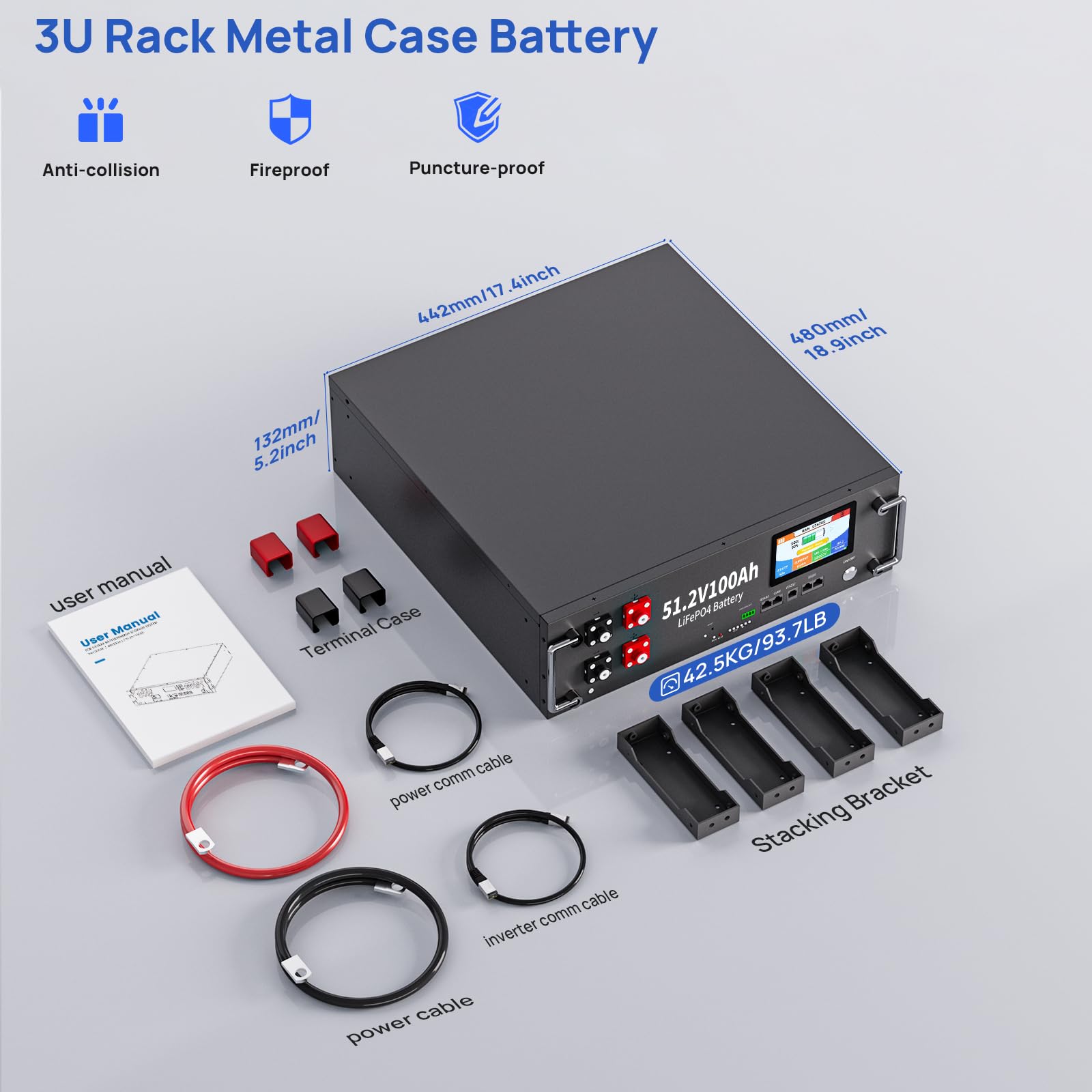 batteria al litio 48V 400Ah, batteria di accumulo LiFePO4 da 20kWh, connessione RS485 e CAN, Smart Display, per accumulo fotovoltaico, batteria off-grid, impianto solare, camper