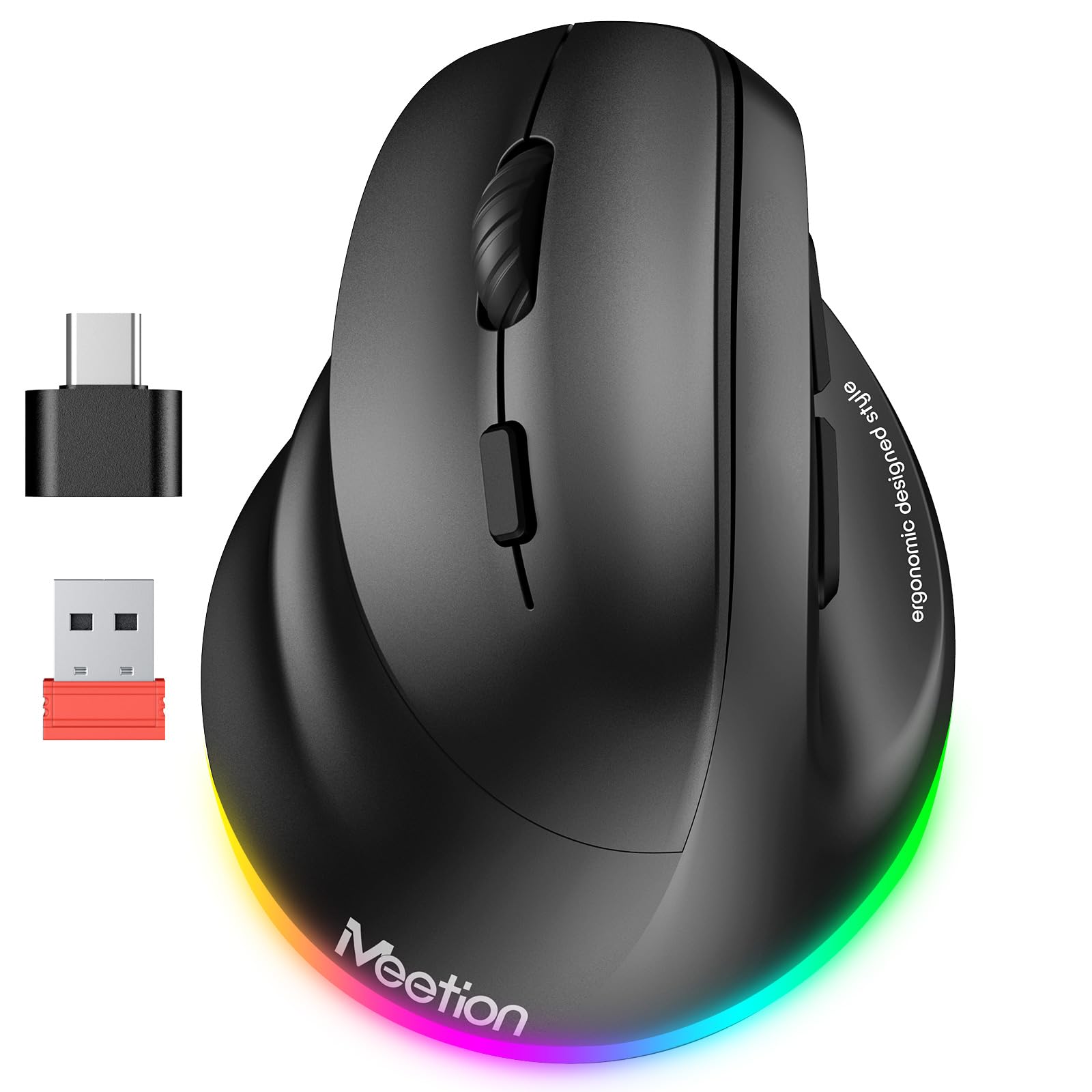 MEETION Left-Handed Mouse, Ergonomic Mouse Wireless Vertical Mouse, RGB Rechargeable Mice for Bluetooth(5.2 + 3.0) & USB-A with Type-c Adapter 4 Adjustable DPI for Mac/Windows/PC/Tablet/iPad Black