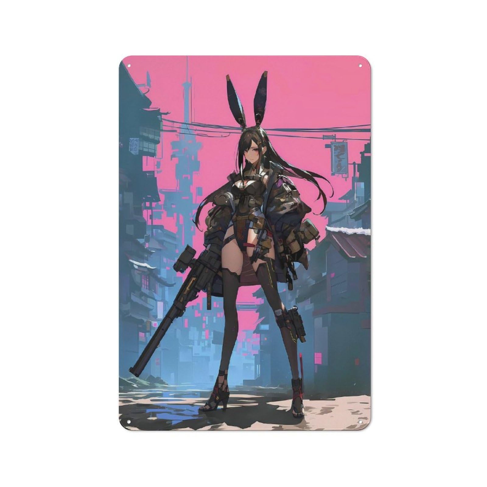 Junmoney Style-8 Vintage Decorative Tin Sign 30X20cm Featuring Cyber Bunny Warrior, Retro Room Decor For Bedroom, Office, Home Bar Or Dining Room