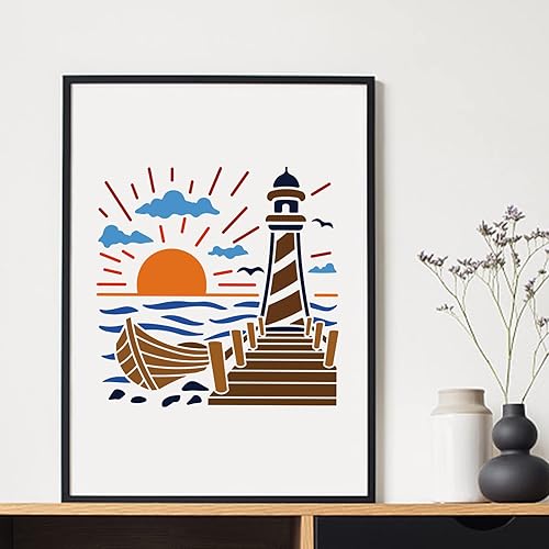Miniatura 6 de MAYJOYDIY Plantillas de faro de mar de 11.8 x 11.8 pulgadas, plantilla de barco náutico oceánico para barco de vela reutilizable, nubes de verano,