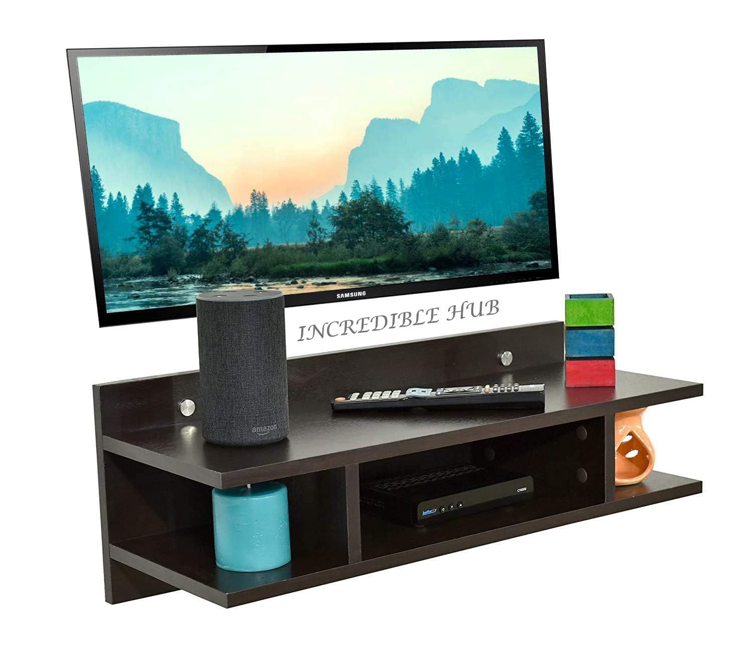 MDF Wooden Wall Mounted Matte TV Entertainment Unit/Wall Set Top Box, Wi-Fi Holder/Shelf,TV Stand Wall Shelves for Living Room (Brown)-image-41